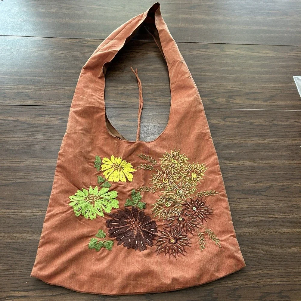 Handmade Beaded Boho Embroidered Hobo Bag‎ Terracotta Tote Floral 70's Vibe